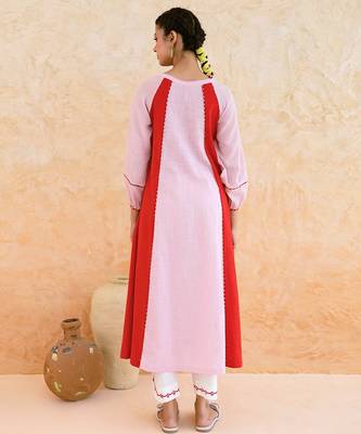 Pink red embroidered cotton kurta set 5