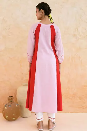 Pink red embroidered cotton kurta set