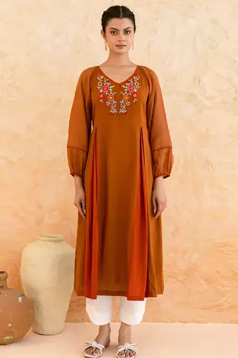 Rust brown embroidered cotton kurta set