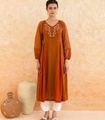 Rust brown embroidered cotton kurta set
