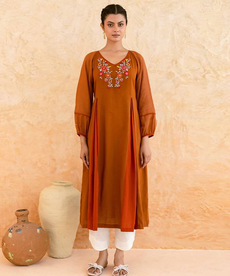 Rust brown embroidered cotton kurta set