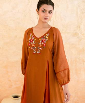 Rust brown embroidered cotton kurta set 2