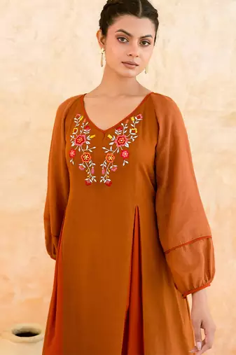 Rust brown embroidered cotton kurta set