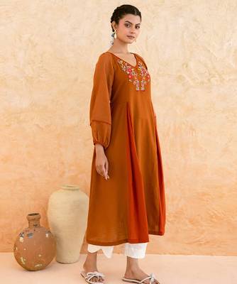 Rust brown embroidered cotton kurta set 3