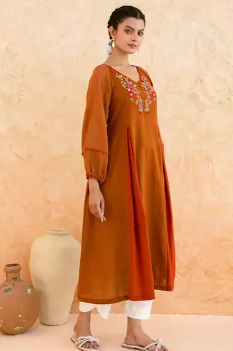 Rust brown embroidered cotton kurta set