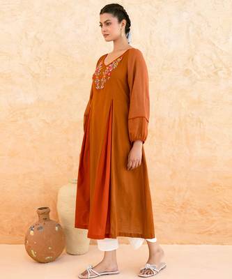 Rust brown embroidered cotton kurta set 4