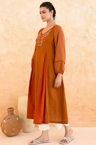 Rust brown embroidered cotton kurta set