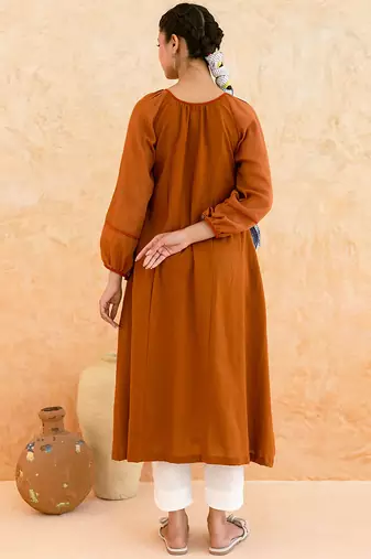 Rust brown embroidered cotton kurta set