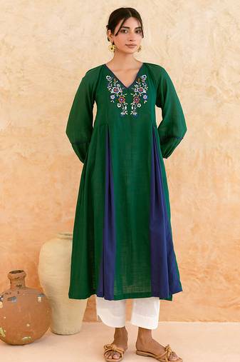 Emerald Green Blue Embroidered Cotton Kurta Set