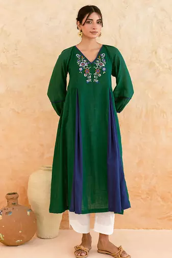 Emerald Green Blue Embroidered Cotton Kurta Set