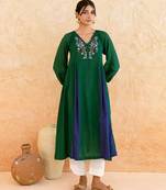 Emerald Green Blue Embroidered Cotton Kurta Set