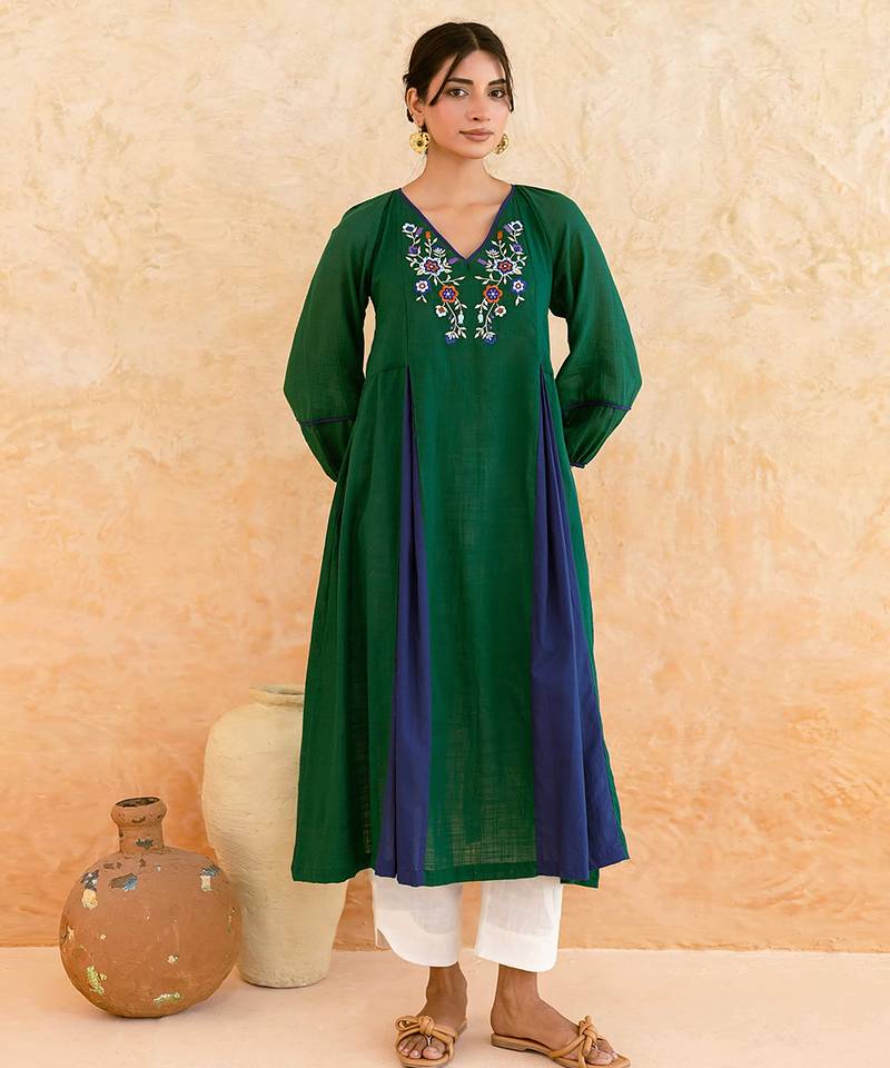 Emerald Green Blue Embroidered Cotton Kurta Set