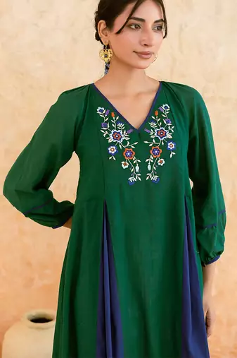 Emerald Green Blue Embroidered Cotton Kurta Set