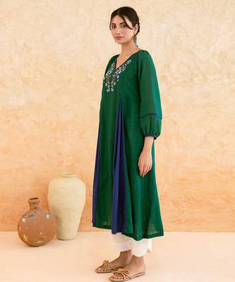 Emerald Green Blue Embroidered Cotton Kurta Set 3