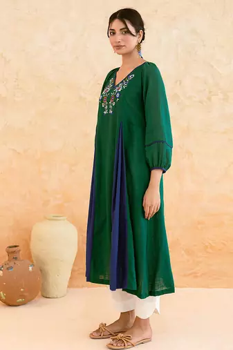 Emerald Green Blue Embroidered Cotton Kurta Set