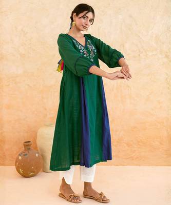 Emerald Green Blue Embroidered Cotton Kurta Set 4