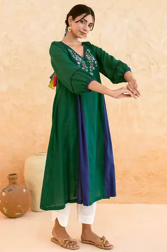 Emerald Green Blue Embroidered Cotton Kurta Set