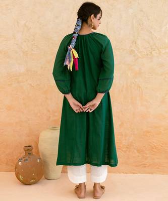 Emerald Green Blue Embroidered Cotton Kurta Set 5