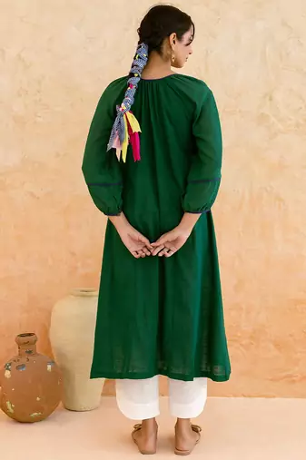 Emerald Green Blue Embroidered Cotton Kurta Set