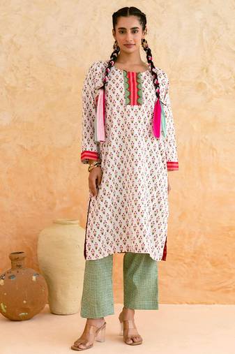 Off white floral printed cotton kurta set