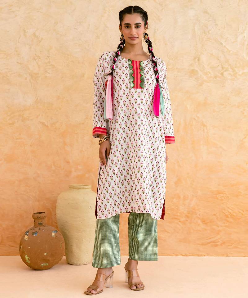 Off white floral printed cotton kurta set