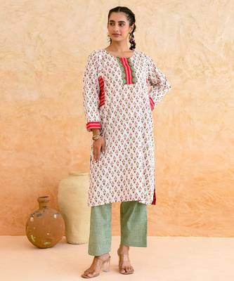 Off white floral printed cotton kurta set 3