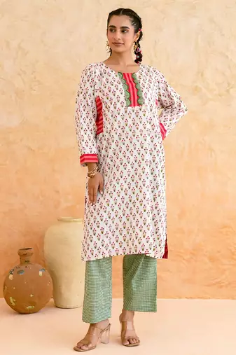 Off white floral printed cotton kurta set