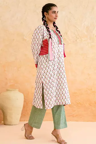 Off white floral printed cotton kurta set
