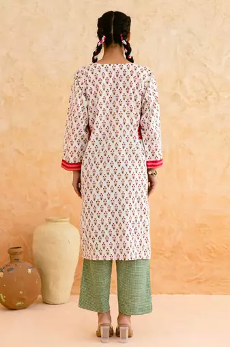 Off white floral printed cotton kurta set