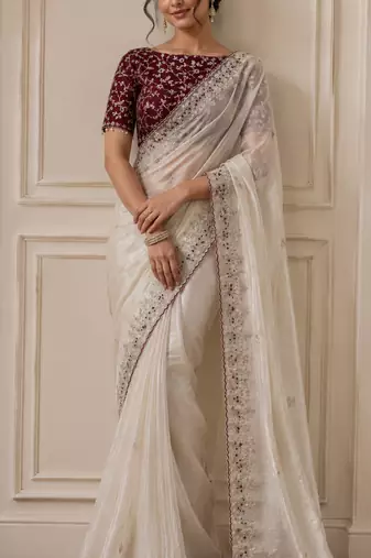 white sequin embroidery silk blend saree