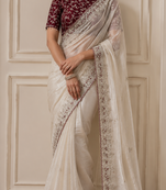 white sequin embroidery silk blend saree