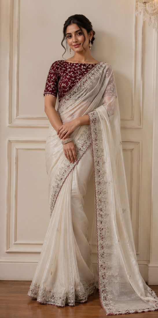 white sequin embroidery silk blend saree
