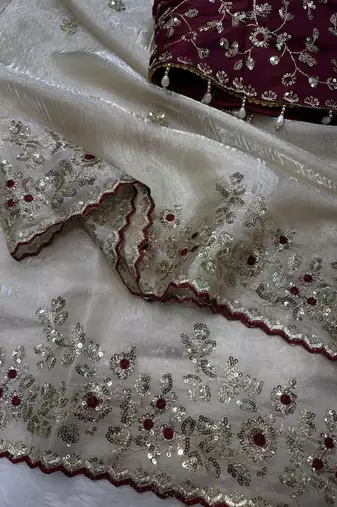 white sequin embroidery silk blend saree