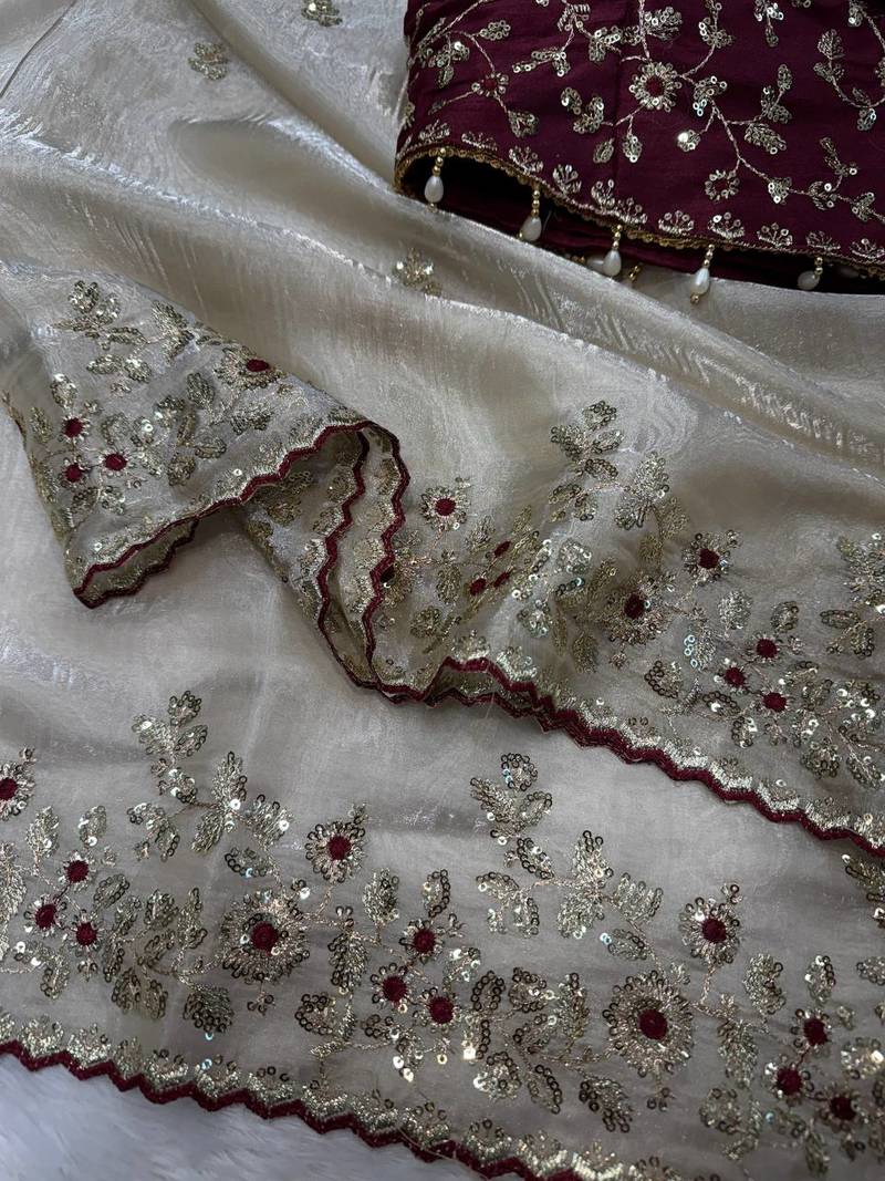 white sequin embroidery silk blend saree
