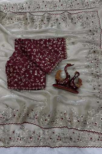 white sequin embroidery silk blend saree