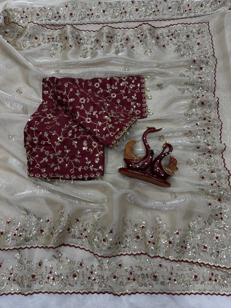 white sequin embroidery silk blend saree