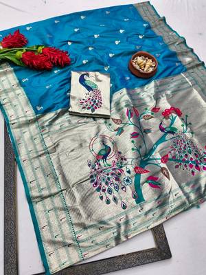 Blue zari woven paithani silk blend saree with blouse piece 1