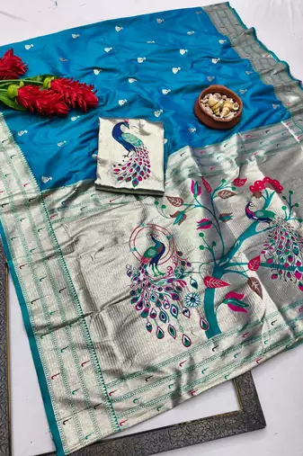 Blue zari woven paithani silk blend saree with blouse piece