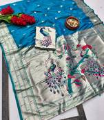 Blue zari woven paithani silk blend saree with blouse piece