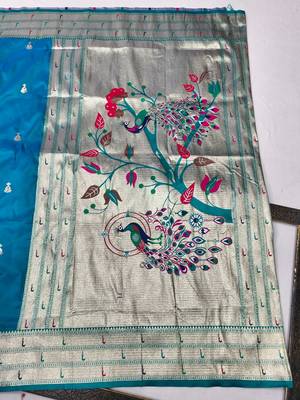 Blue zari woven paithani silk blend saree with blouse piece 2