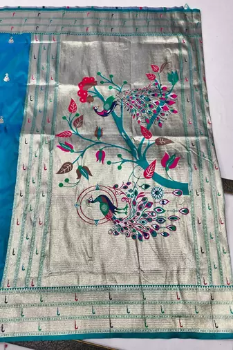 Blue zari woven paithani silk blend saree with blouse piece