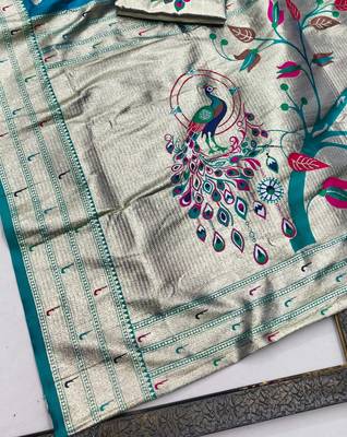 Blue zari woven paithani silk blend saree with blouse piece 3