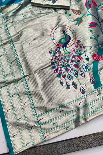Blue zari woven paithani silk blend saree with blouse piece