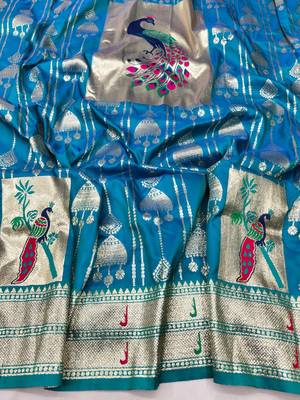 Blue zari woven paithani silk blend saree with blouse piece 4