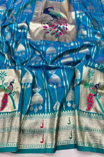Blue zari woven paithani silk blend saree with blouse piece