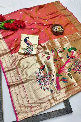 Pink zari woven paithani silk blend saree with blouse piece