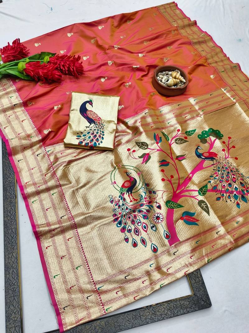 Pink zari woven paithani silk blend saree with blouse piece