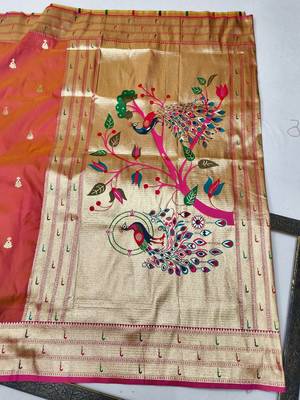 Pink zari woven paithani silk blend saree with blouse piece 2