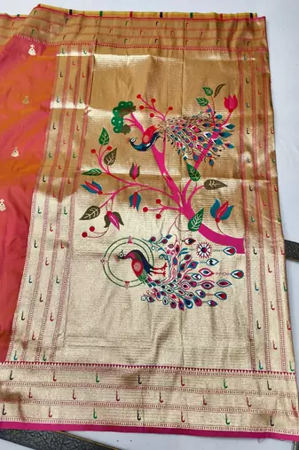 Pink zari woven paithani silk blend saree with blouse piece