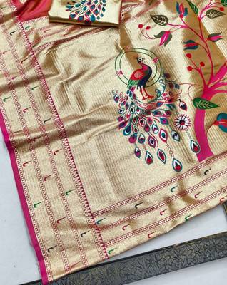 Pink zari woven paithani silk blend saree with blouse piece 3